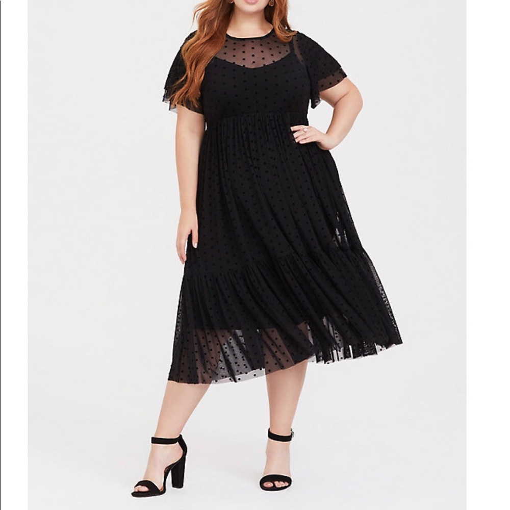 Torrid Black Polka Dot Mesh Midi Dress
